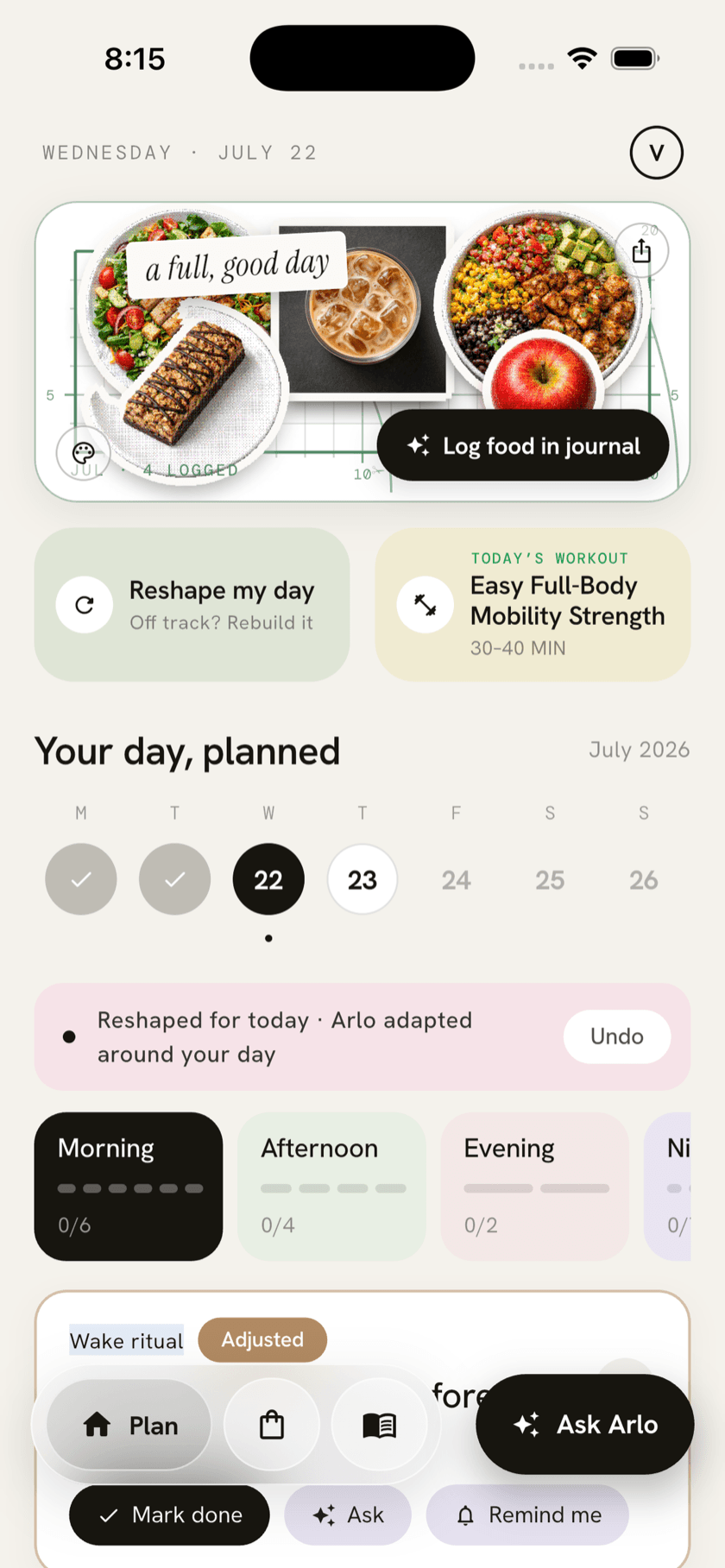 The Arlo app home screen: today's food journal, a reshaped daily plan, and the Ask Arlo button.